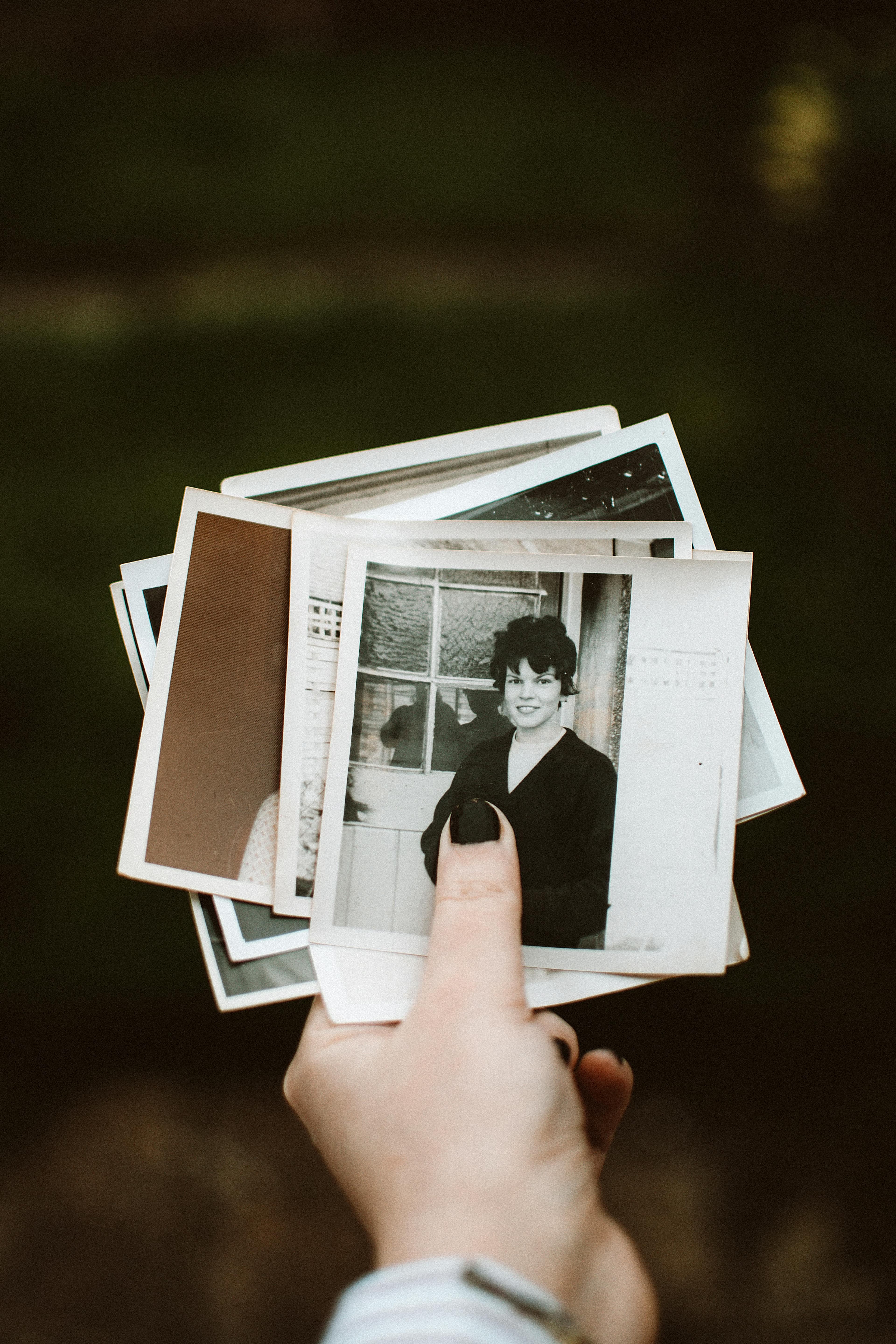 Free Close-up of hand holding vintage instant photos with blurred background. Stock Photo