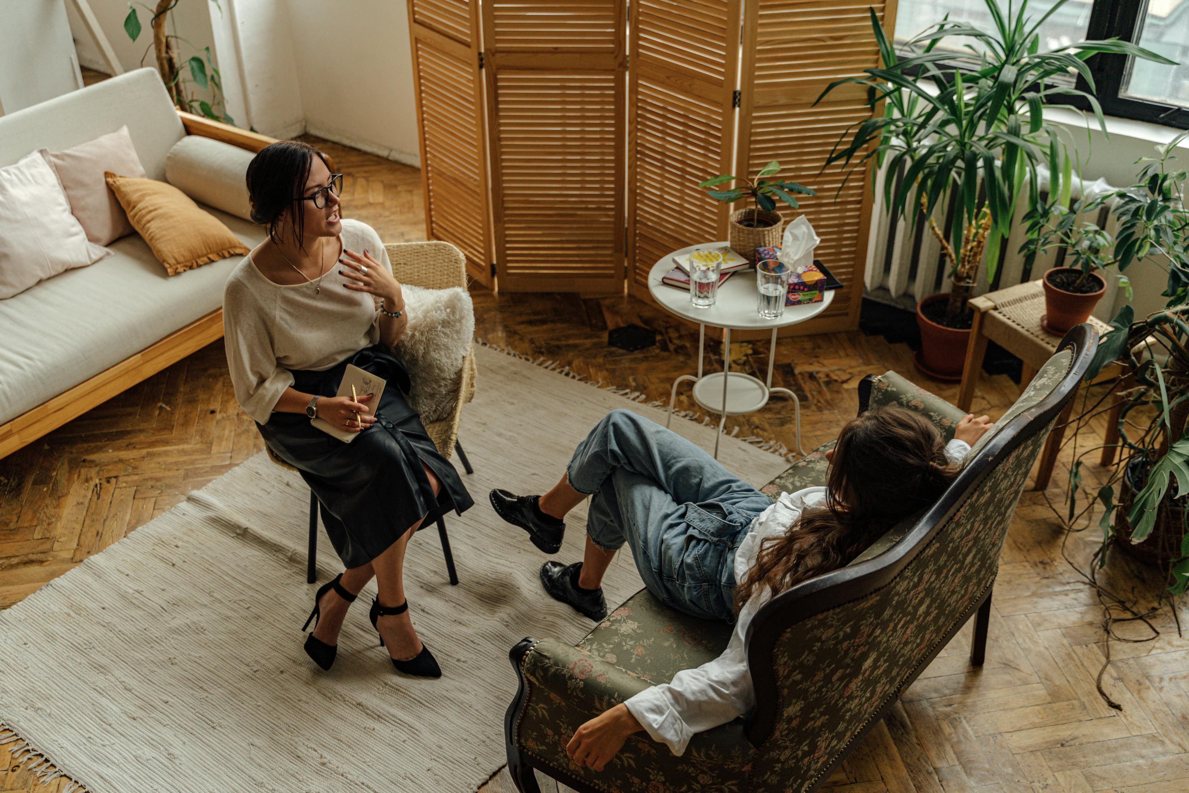 Free Two women engaged in a psychotherapy session in a warm, inviting interior with plants and natural lighting. Stock Photo